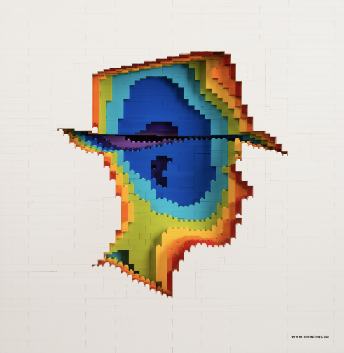 Rainbow Head with hat in LEGO - Bricks of Wonder Exhibition - Artist: Dirk Denoyelle